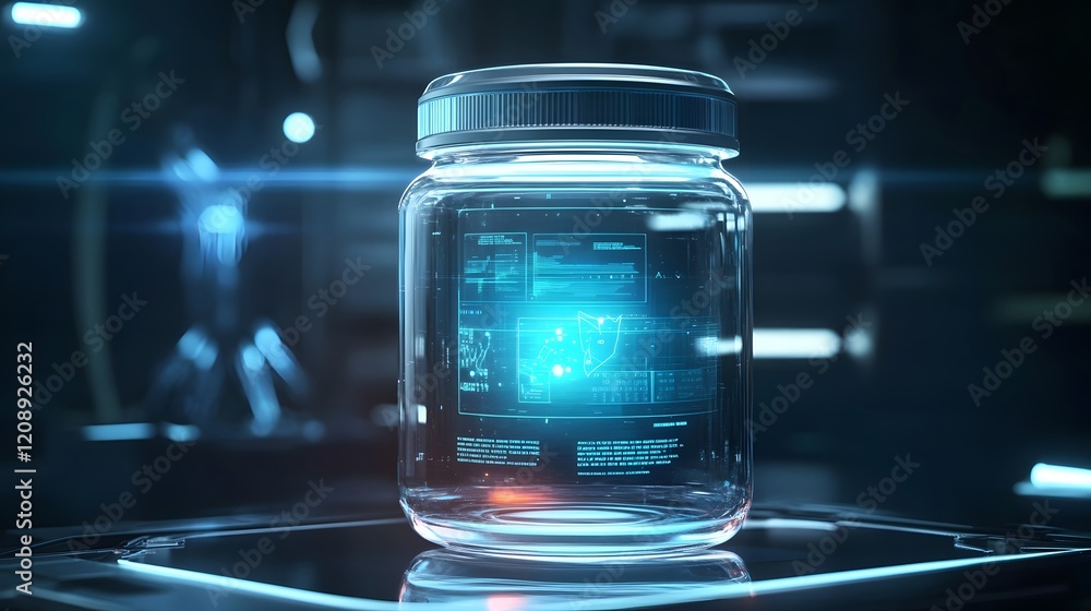 Poster a futuristic glass jar containing a glowing digital interface, showcasing advanced technology and in