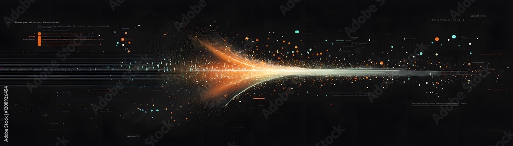 Poster a mesmerizing abstract image showcasing a dynamic wave of light and particles, representing innovati