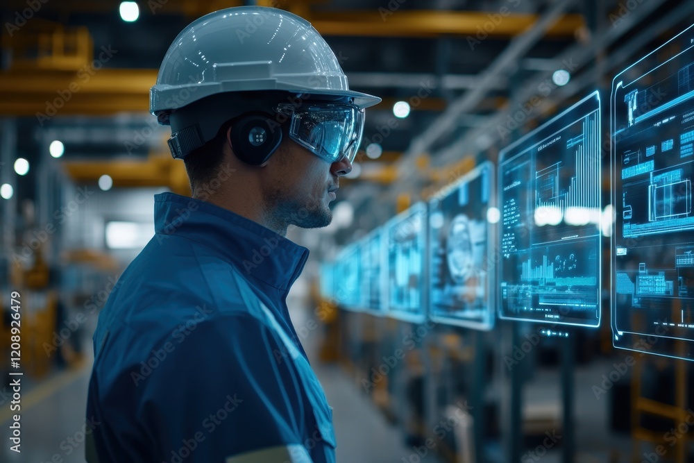 Poster factory worker reviews digital displays showing real-time data. image ideal for articles on industry