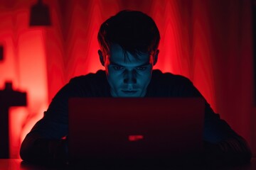 Man, programmer and coding at night on laptop mockup screen for networking, malware or software at the office. Male person, coder or developer working late in computer display in problem solving. 