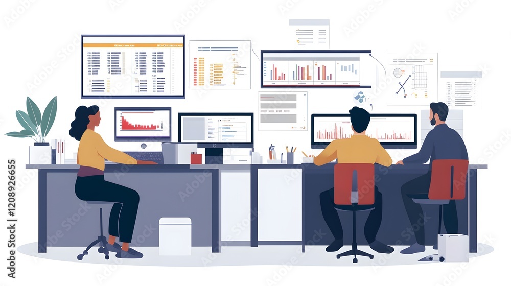Fototapete A modern office space featuring three professionals engaged in data analysis on computers, surrounded by charts and graphs on the walls.