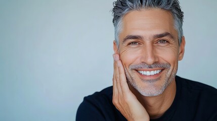 Happy middle aged 45 years old man applying facial anti age skincare cream on face isolated on white background. Smiling mature handsome gray-haired male model advertising skin care product. Portrait.