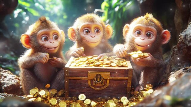 Three playful monkeys discover a treasure chest overflowing with gold coins in a lush jungle paradise seamless 4K time-lapse virtual video animation background