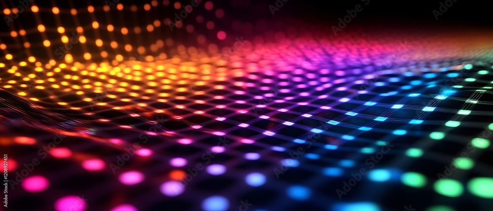 Poster a vibrant and colorful abstract pattern of glowing dots creates a mesmerizing wave effect, perfect f