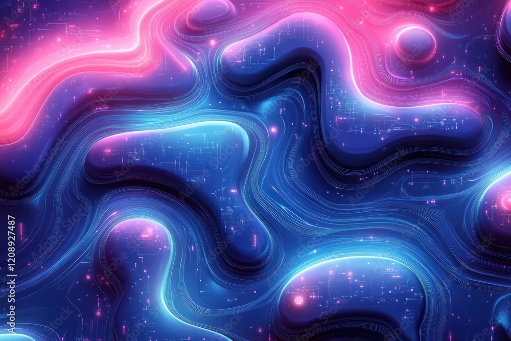 Poster abstract colorful waves with glowing elements in dark space
