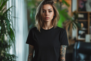 Models minimal tattoo T shirt. no text. black mockups.