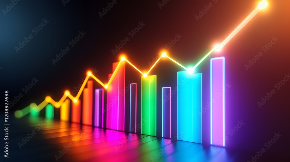 Poster a vibrant digital graph displaying growth with colorful bars and an upward trend, representing posit
