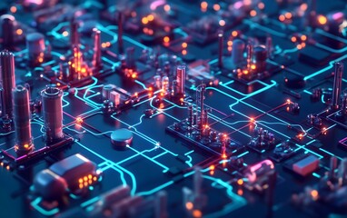 Fototapeta premium A vibrant close-up of a futuristic circuit board showcasing intricate designs and glowing pathways, representing advanced technological innovation.
