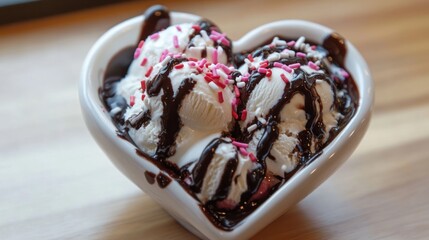 A delicious heart-shaped bowl filled with scoops of vanilla ice cream chocolate syrup and pink sprinkles