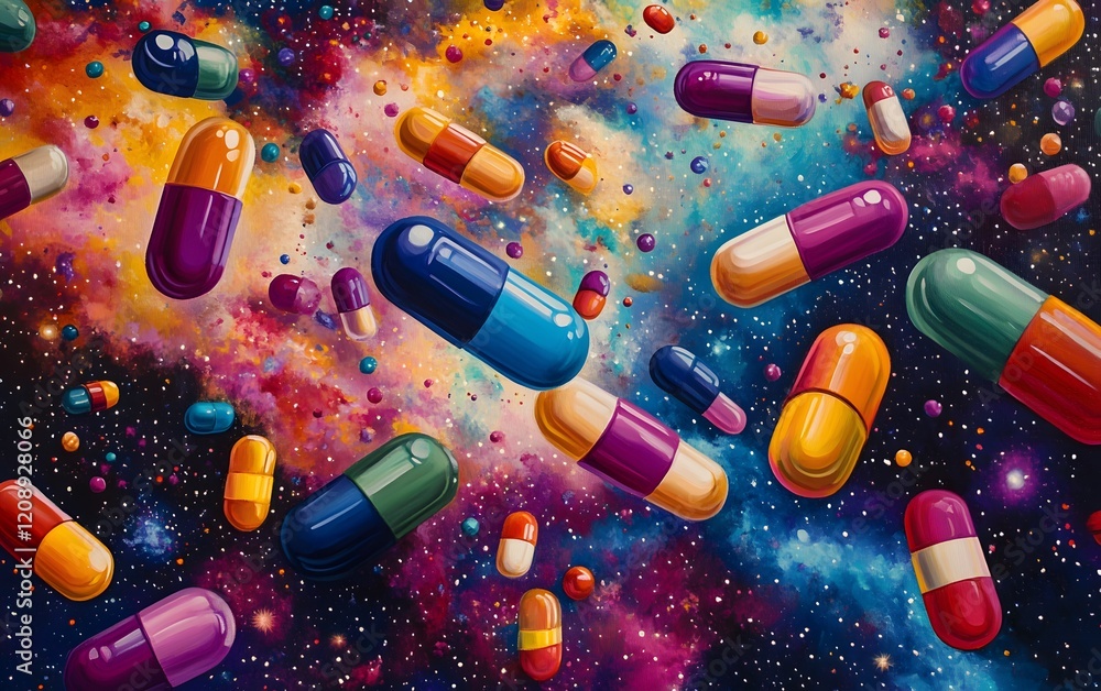Poster a vibrant visual of colorful capsules drifting through the cosmos, blending elements of health and e