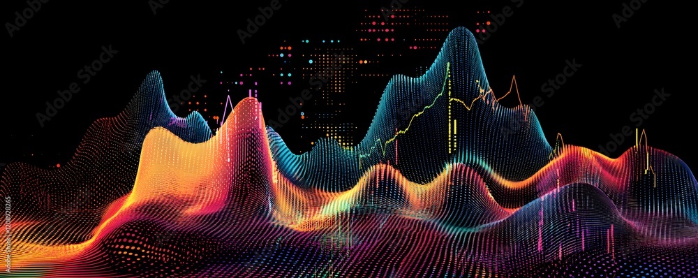 Poster an abstract visualization of data flow, showcasing vibrant colors and waveforms that represent digit
