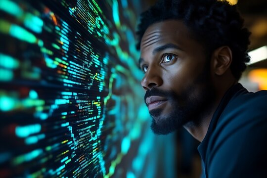 Focused man reviewing data on a large screen.