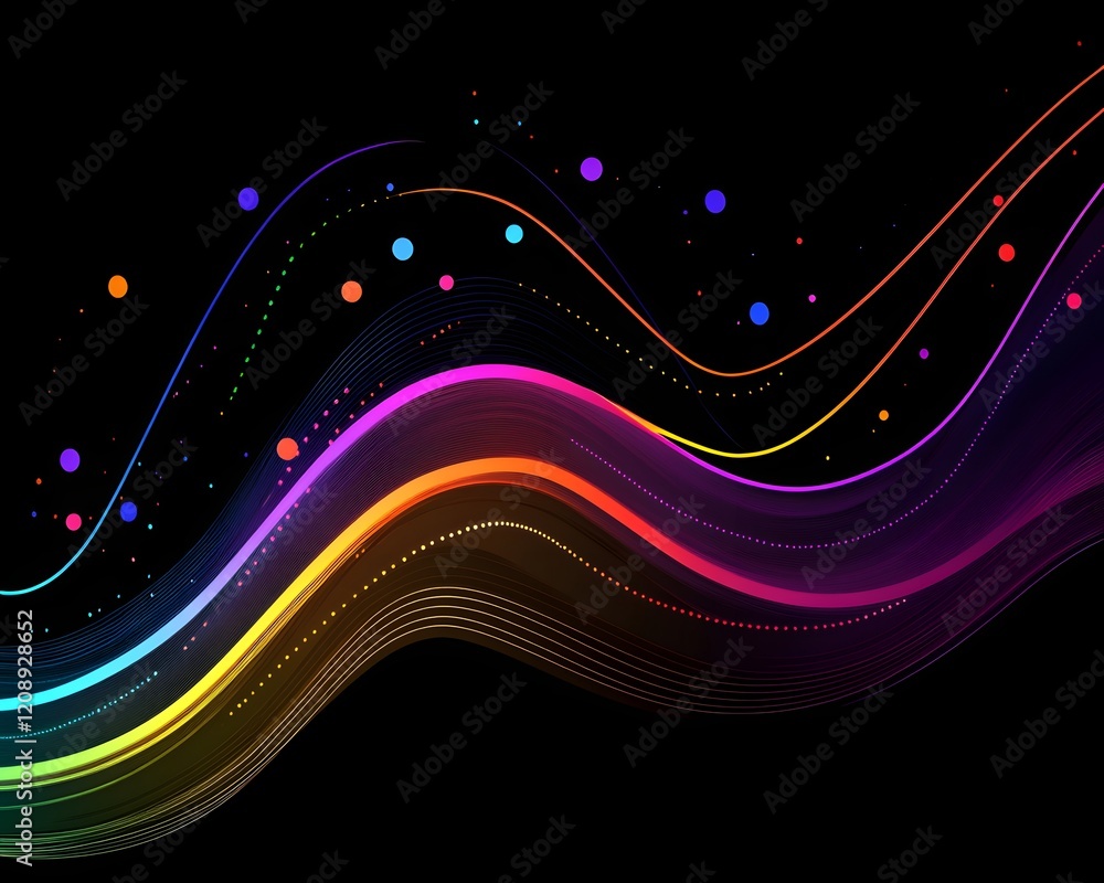 Poster vibrant abstract wave design featuring colorful lines and dots on a dark background, perfect for tec