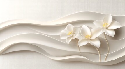 Elegant White Flowers on a Cream Wave Background