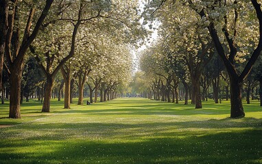 Naklejka premium Sunlit path through blossoming trees in a park.