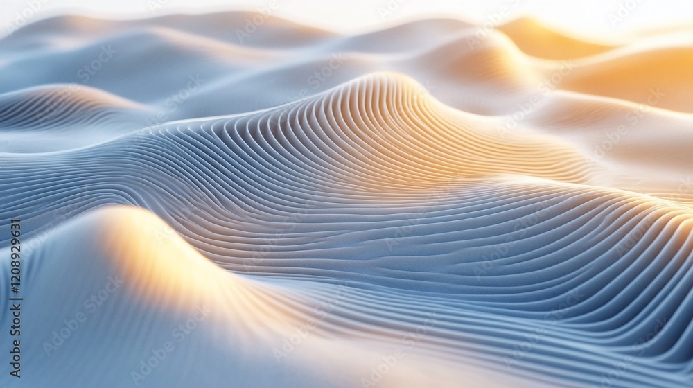 Poster abstract 3d rendered landscape with smooth, flowing lines and warm light.