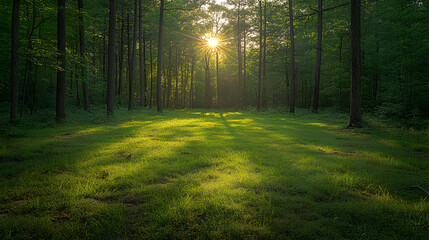 Naklejka premium a serene forest clearing with sun light ai 