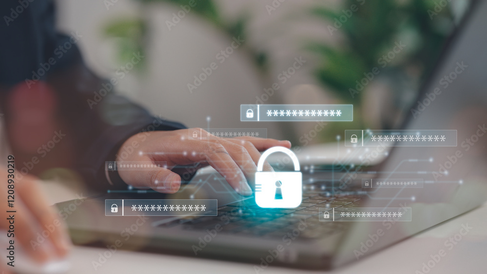 Poster cyber security and data protection. businessmen using laptops protect business and financial data wi