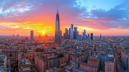 Fototapeta premium Milano Skyline Sunset Cityscape Dramatic Colors