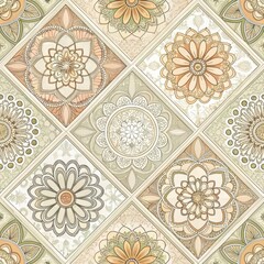 Elegant Beige and Green Floral Mandala Tile Pattern Design Seamless Texture Decorative Background
