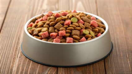 Pet food concept, Pet food in a metallic bowl on a wooden surface