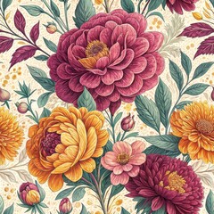 Elegant Autumn Floral Seamless Pattern Burgundy Gold Pink Dahlias and Flowers