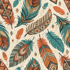 Ornate Tribal Feathers Seamless Pattern Boho Chic Textile Design Vintage Style Ethnic Artwork