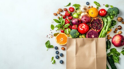A paper bag full of fruits, vegetables and nuts on a white background with space for a text banner. The top view, flat lay shows healthy eating or shopping in a grocery store. With large copy space.
