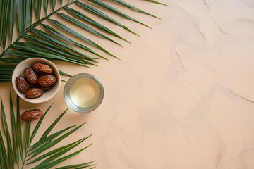 Dates Water Palm Leaves Beige Background Flatlay