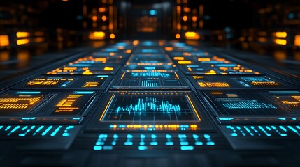 Futuristic digital interface with glowing screens displaying data.