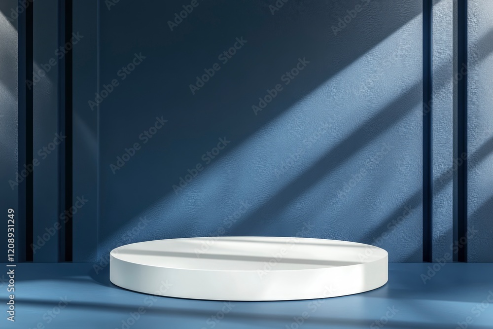 Poster abstract empty white podium with geometric shadows on blue background. mock up stand for product pre