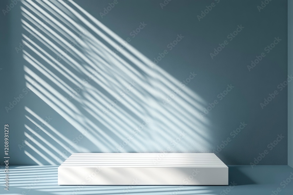 Poster abstract empty white podium with geometric shadows on blue background. mock up stand for product pre