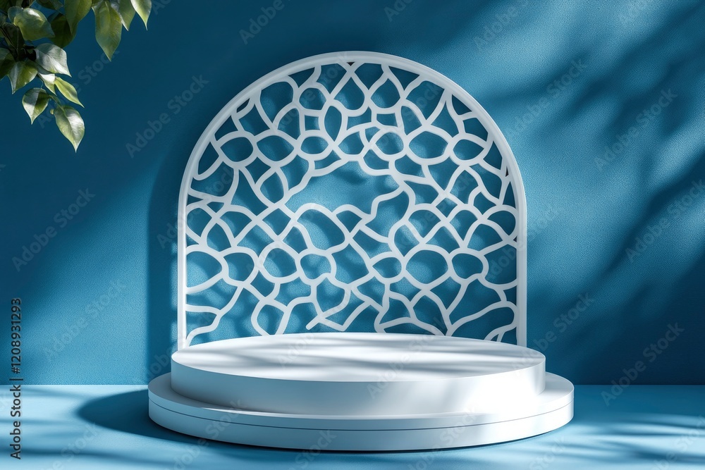 Poster abstract empty white podium with geometric shadows on blue background. mock up stand for product pre