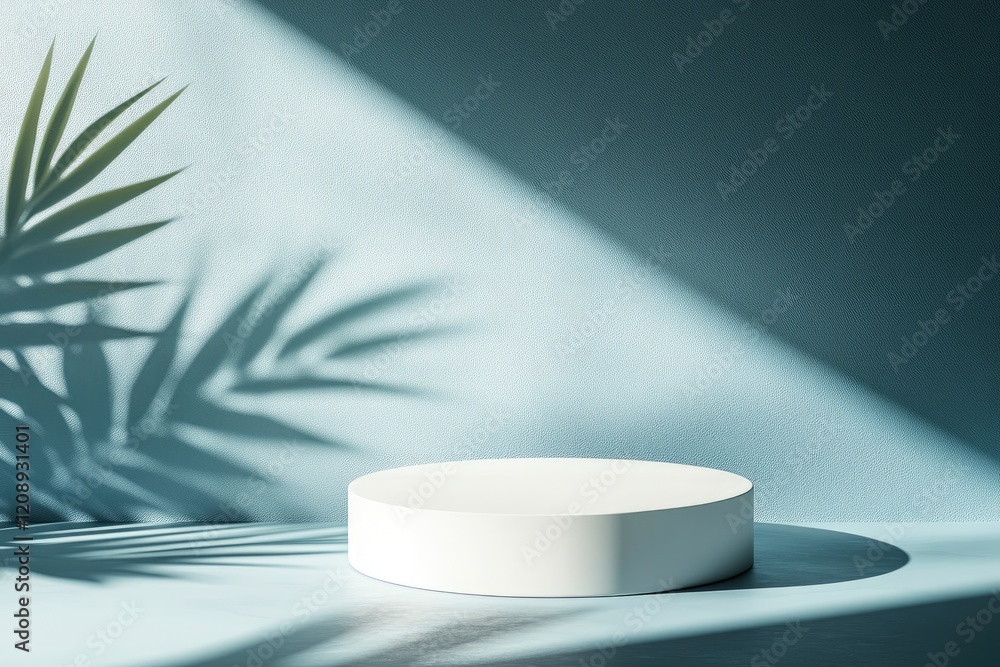 Poster abstract empty white podium with geometric shadows on blue background. mock up stand for product pre