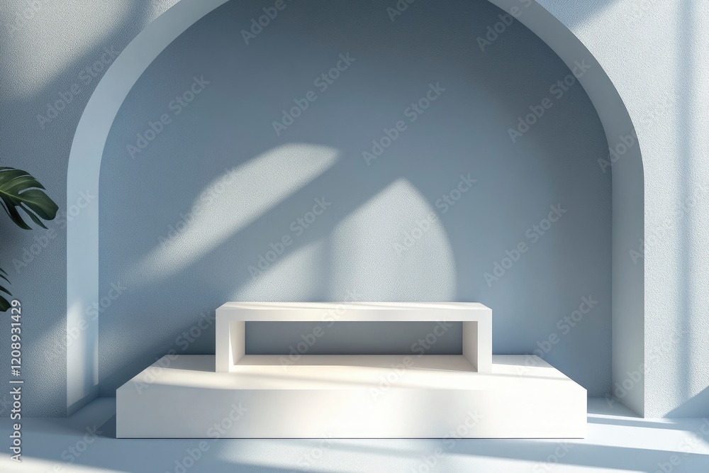 Poster abstract empty white podium with geometric shadows on blue background. mock up stand for product pre