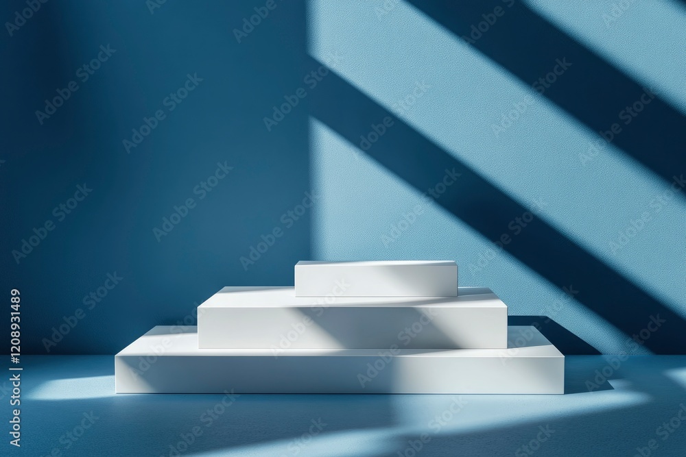 Poster abstract empty white podium with geometric shadows on blue background. mock up stand for product pre