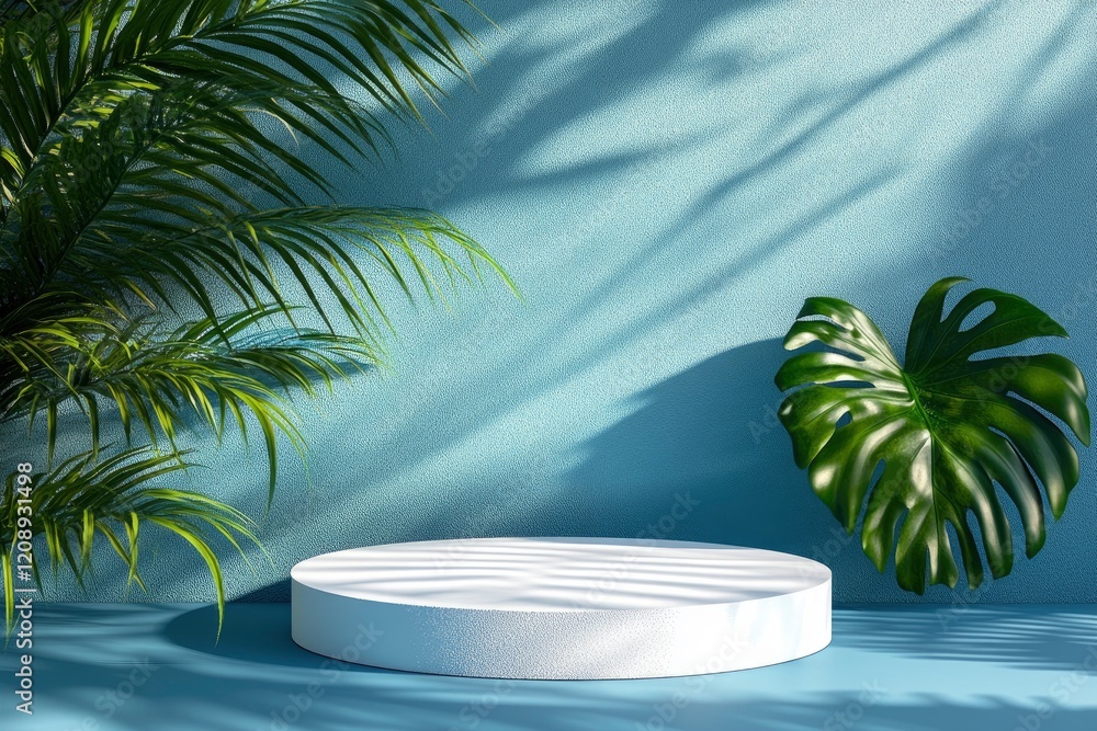 Poster abstract empty white podium with geometric shadows on blue background. mock up stand for product pre