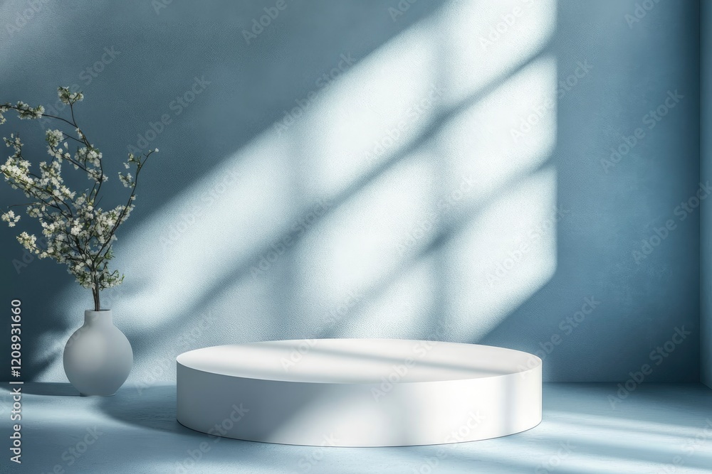 Poster abstract empty white podium with geometric shadows on blue background. mock up stand for product pre