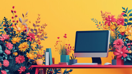 Vibrant Bloom Workspace: A stylized desktop computer sits amidst a profusion of colorful, paper-like flowers on a sunny yellow backdrop.  The scene evokes a feeling of creativity and spring. 