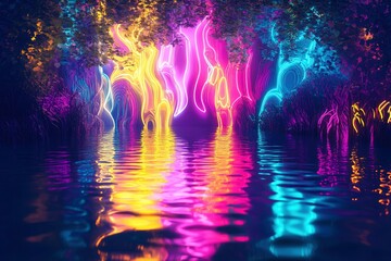 Abstract neon light fluorescent Neon Lights glow ,Reflection on water, exhibition background 3D illustration.