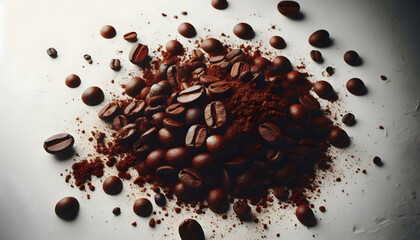 Obraz premium Coffee A close-up of roasted coffee beans scattered on a white background highlighting their oily surface a4