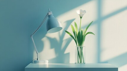 Minimalist design with a blue lamp, a single flower in a glass vase, and simple geometric decor, creating a calm, modern atmosphere.
