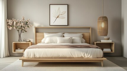 Minimalistic composition of bedroom interior with wooden bed, shelf, flowers in vase, rattan lamp, books and elegant accessories. Beautiful bed sheets, blanket and pillow. Template. Design home decor