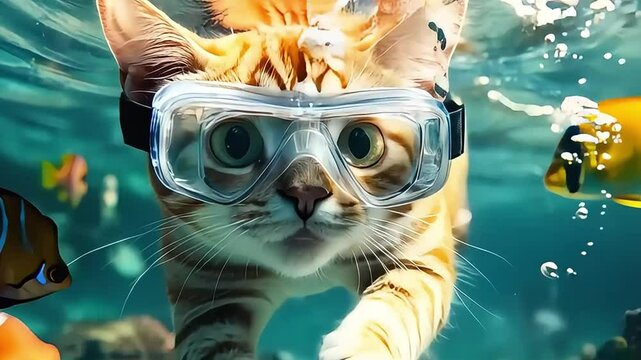 A cat swimming in an aquarium, surrounded by water, with striped fur and intense eyes, captured in a cute, cartoon-style vector illustration