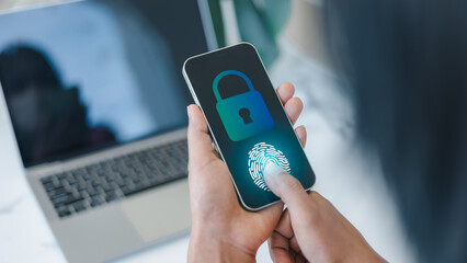 Fingerprint biometric identity scan and approval of businessman, Secure access granted by valid fingerprint scan, Business technology safety internet network concept, Screen of biometric digital.