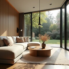 A modern living room with beige sofas, a wooden table, large windows to a green garden, houseplants, paintings, and natural lighting creating a cozy vibe.