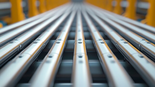 A close-up view of metallic rails aligned parallel, showcasing their smooth surface and industrial setting.