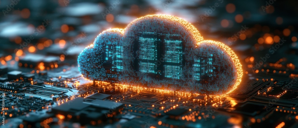 Poster cloud computing concept with glowing data center design