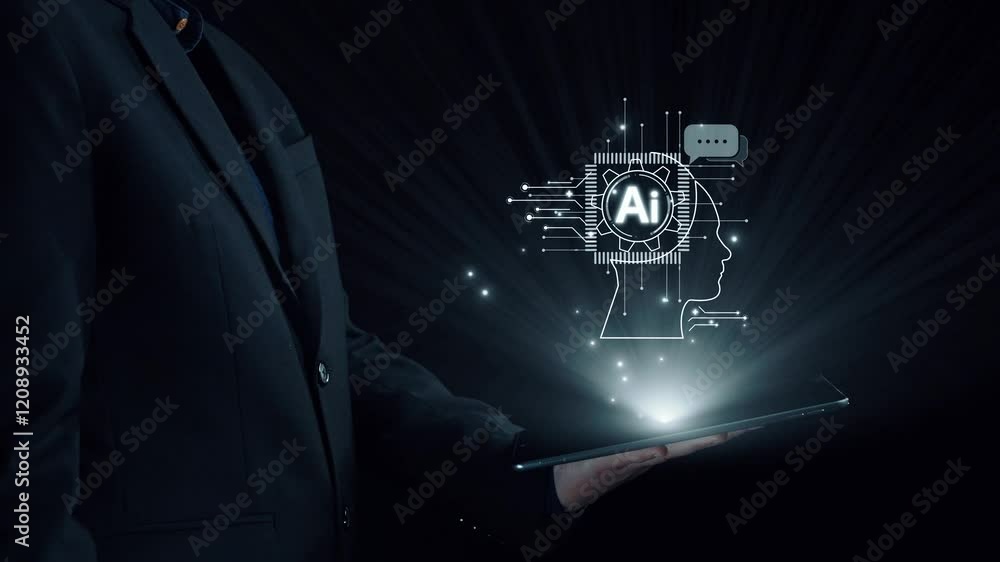 Poster human interact with ai artificial intelligence brain processor in concept of ai artificial intellige