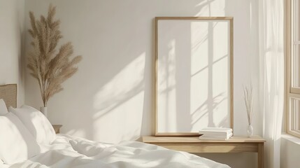 Mockup frame in light cozy and simple bedroom interior background
